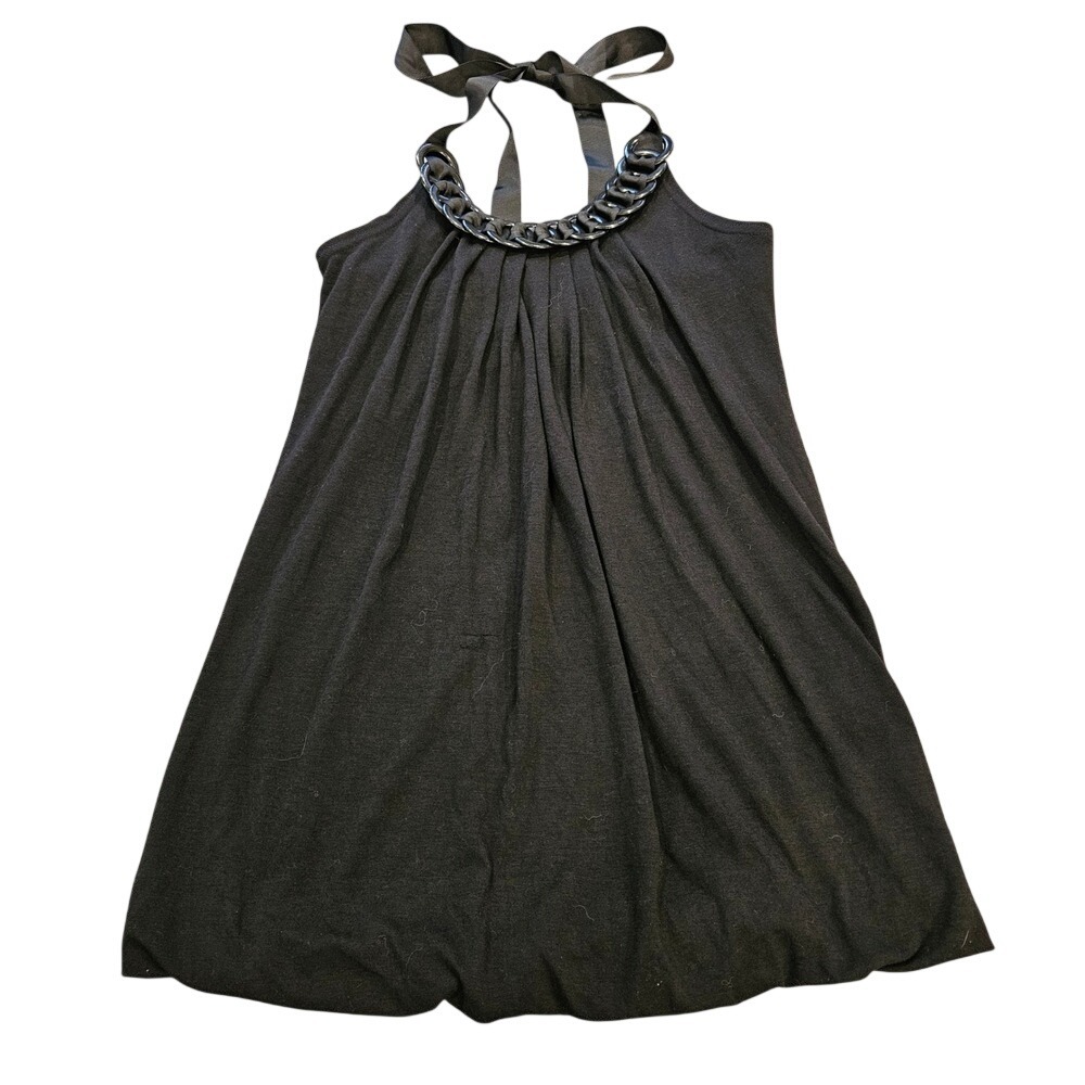 1955 Vintage Black Halter Top Chain Neck Ribbon Tie Pleated Jersey Medium